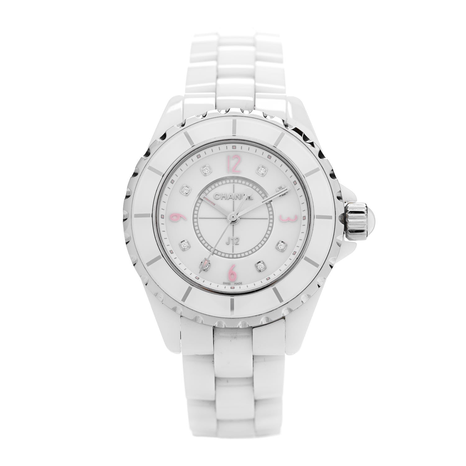 Chanel Stainless Steel Ceramic Diamond 33mm J12 Quartz Watch Light Pink 1 of 4