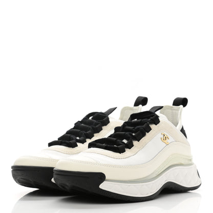 Chanel Velvet Calfskin Mixed Fibers CC Sneakers 37.5 Ivory Black 3 of 10