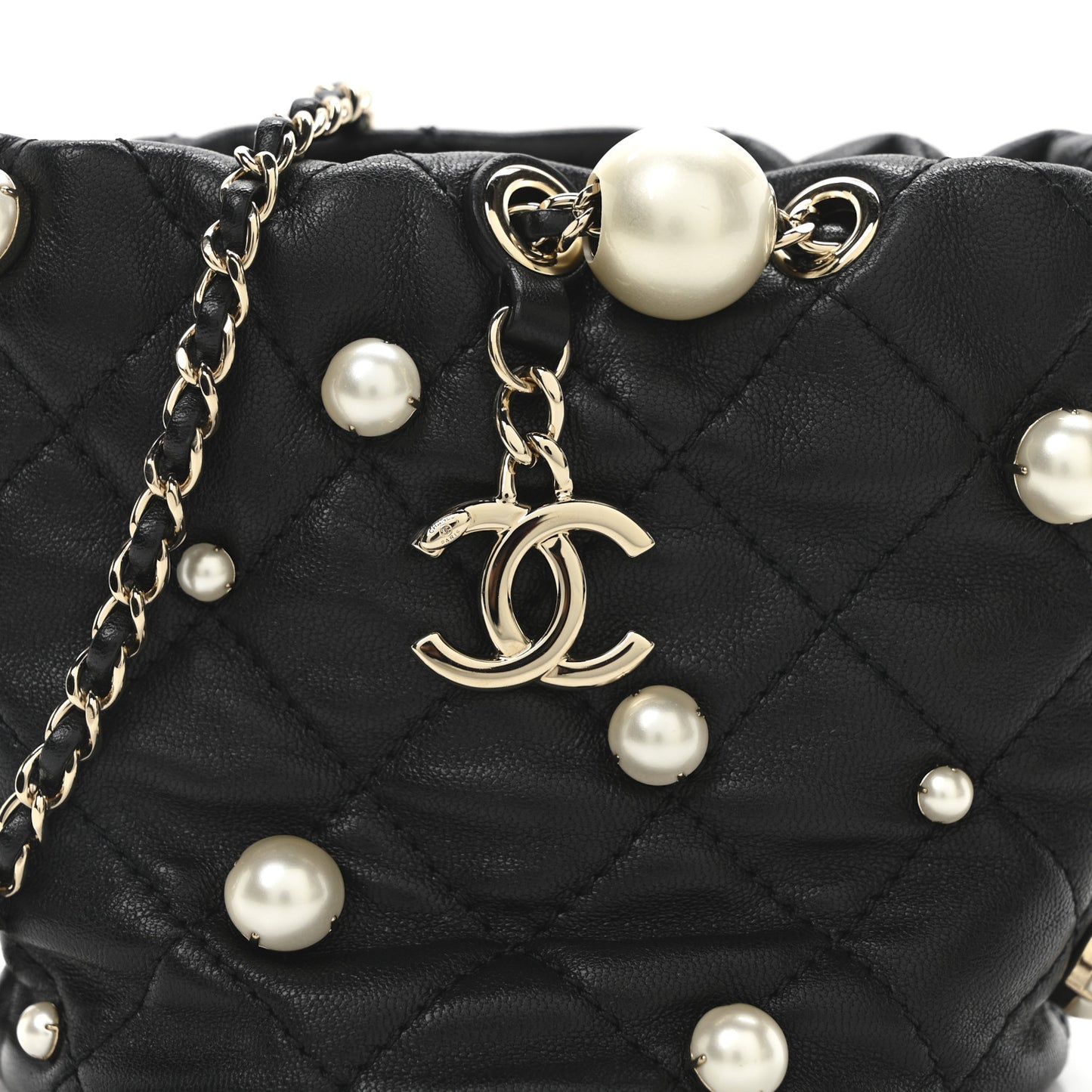Lambskin Quilted Pearl Mini About Pearls Drawstring Bag Black