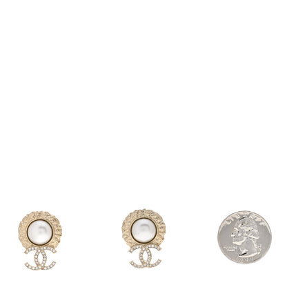 Chanel Crystal Pearl Textured CC Round Drop Earrings Gold 2 of 4