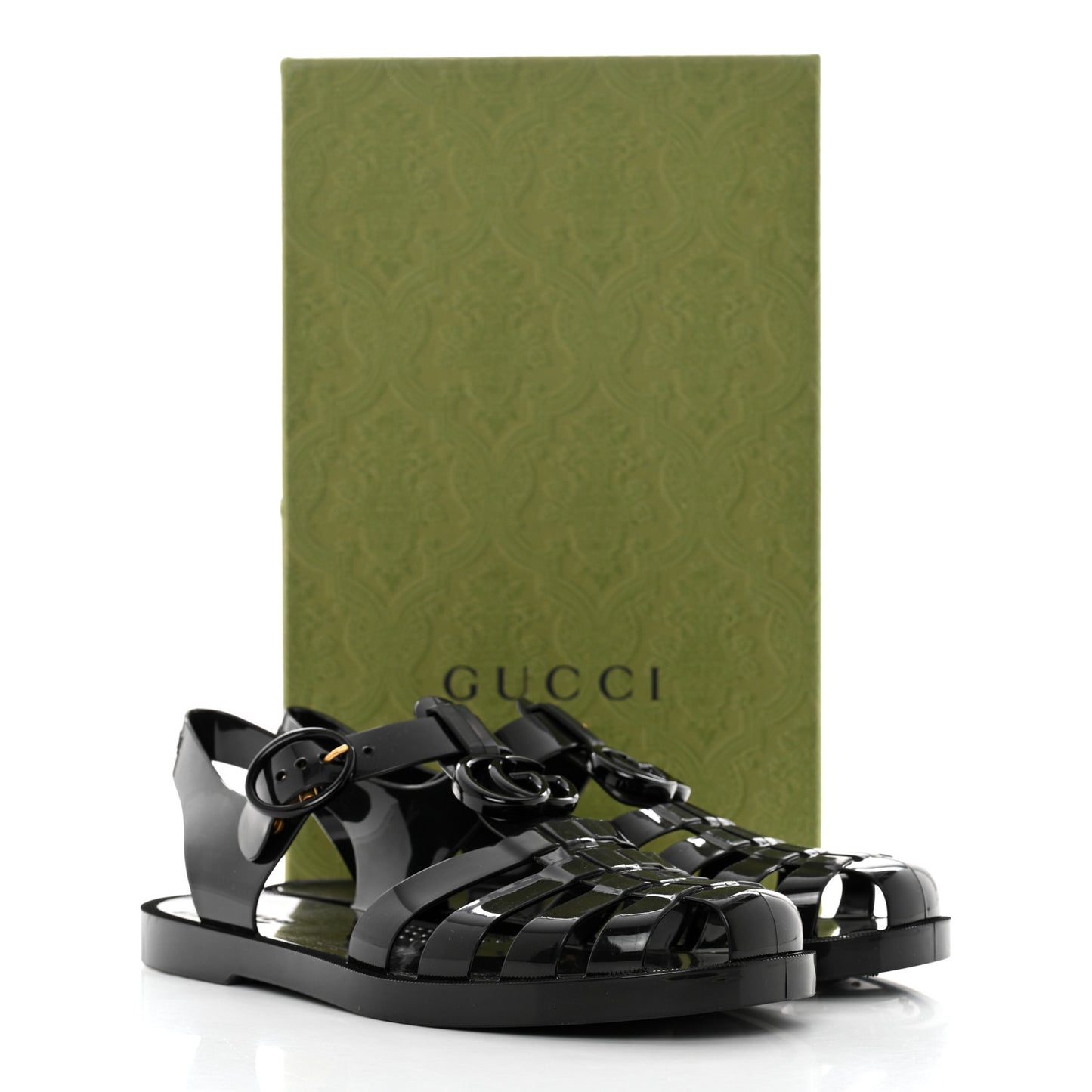 Shiny Rubber Double G Buckle Strap Sandals 38 Black
