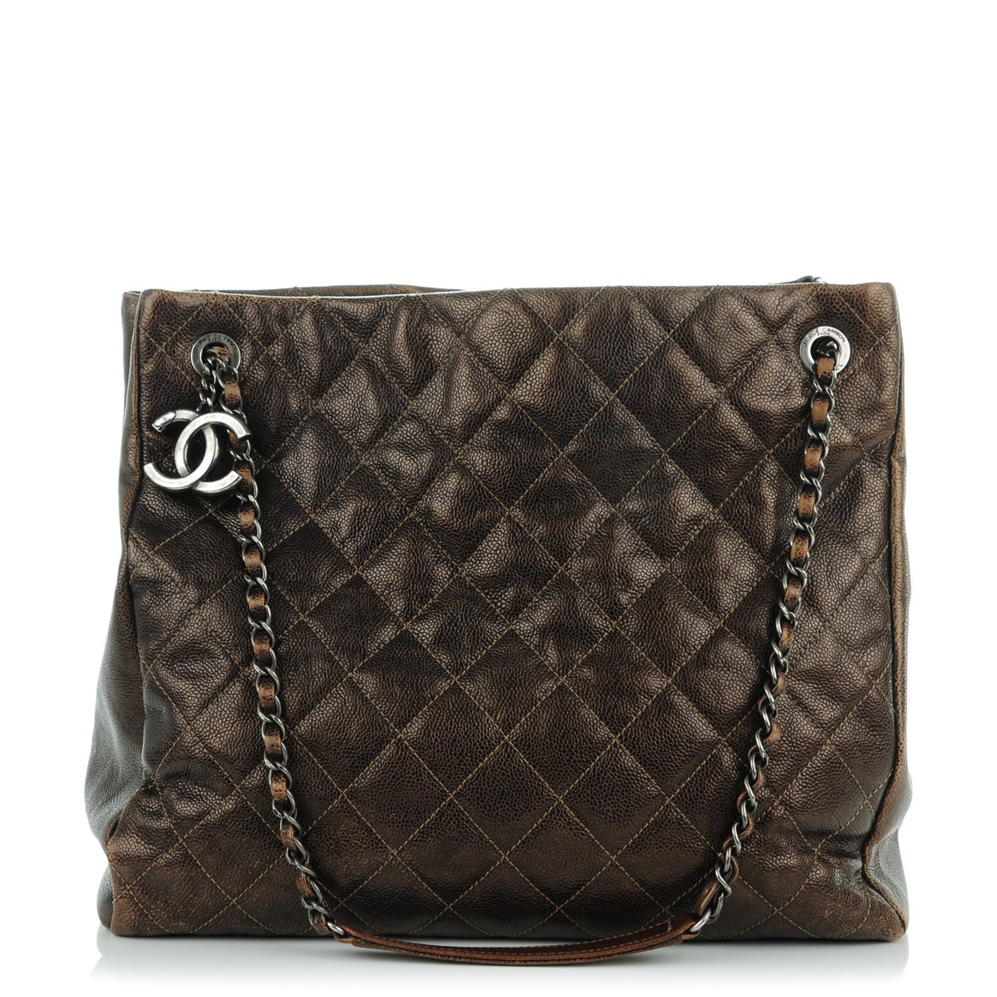 Iridescent Caviar Quilted Tall Chic Shopping Tote Dark Gold