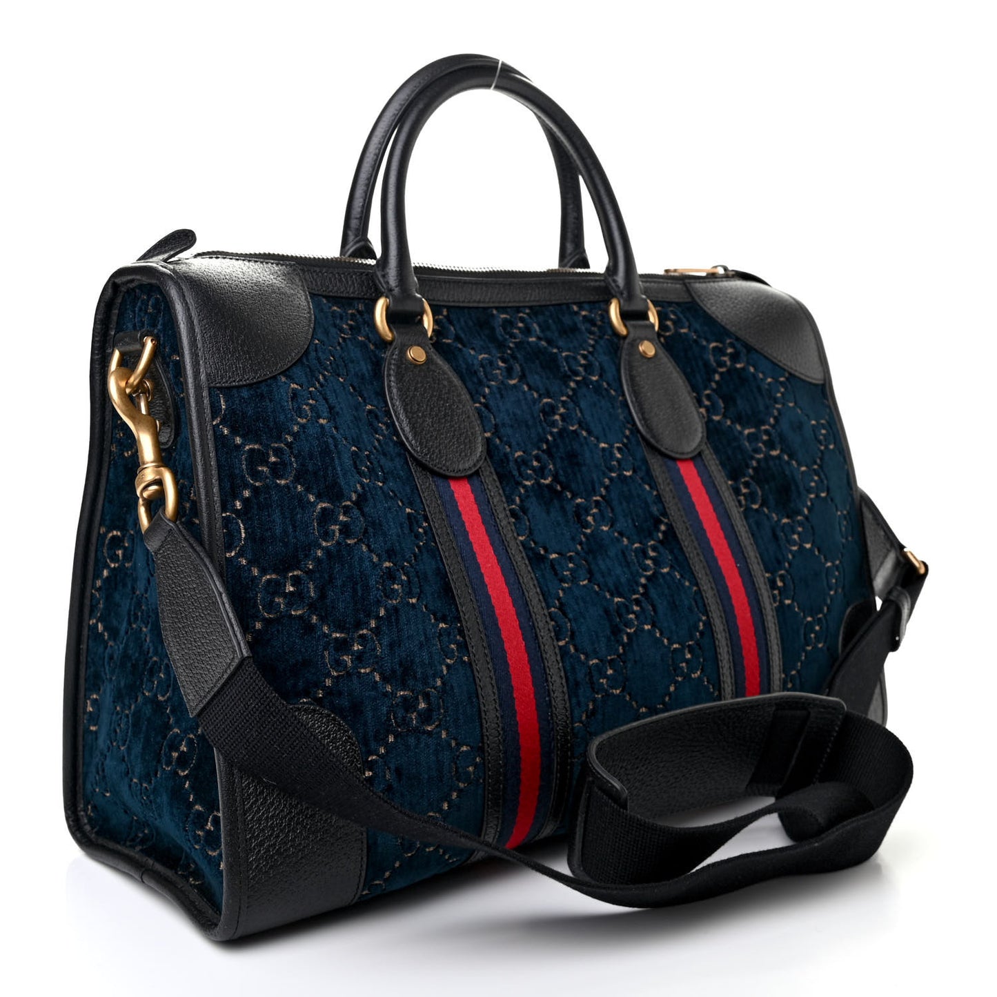 Velvet GG Monogram Textured Calfskin Web Medium Duffle Bag Blue Beige Black