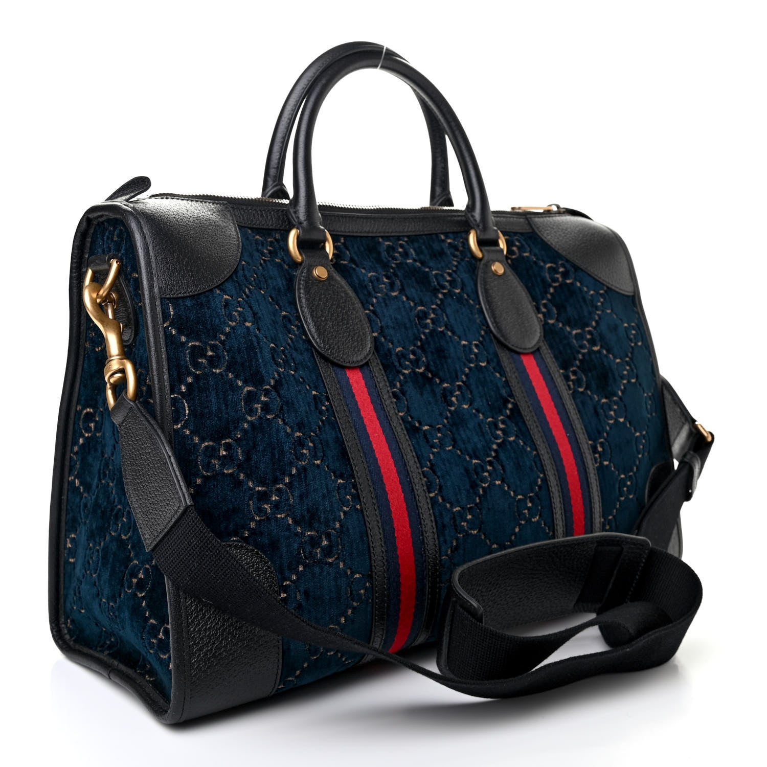 Gucci Velvet GG Monogram Textured Calfskin Web Medium Duffle Bag Blue Beige Black 3 of 9