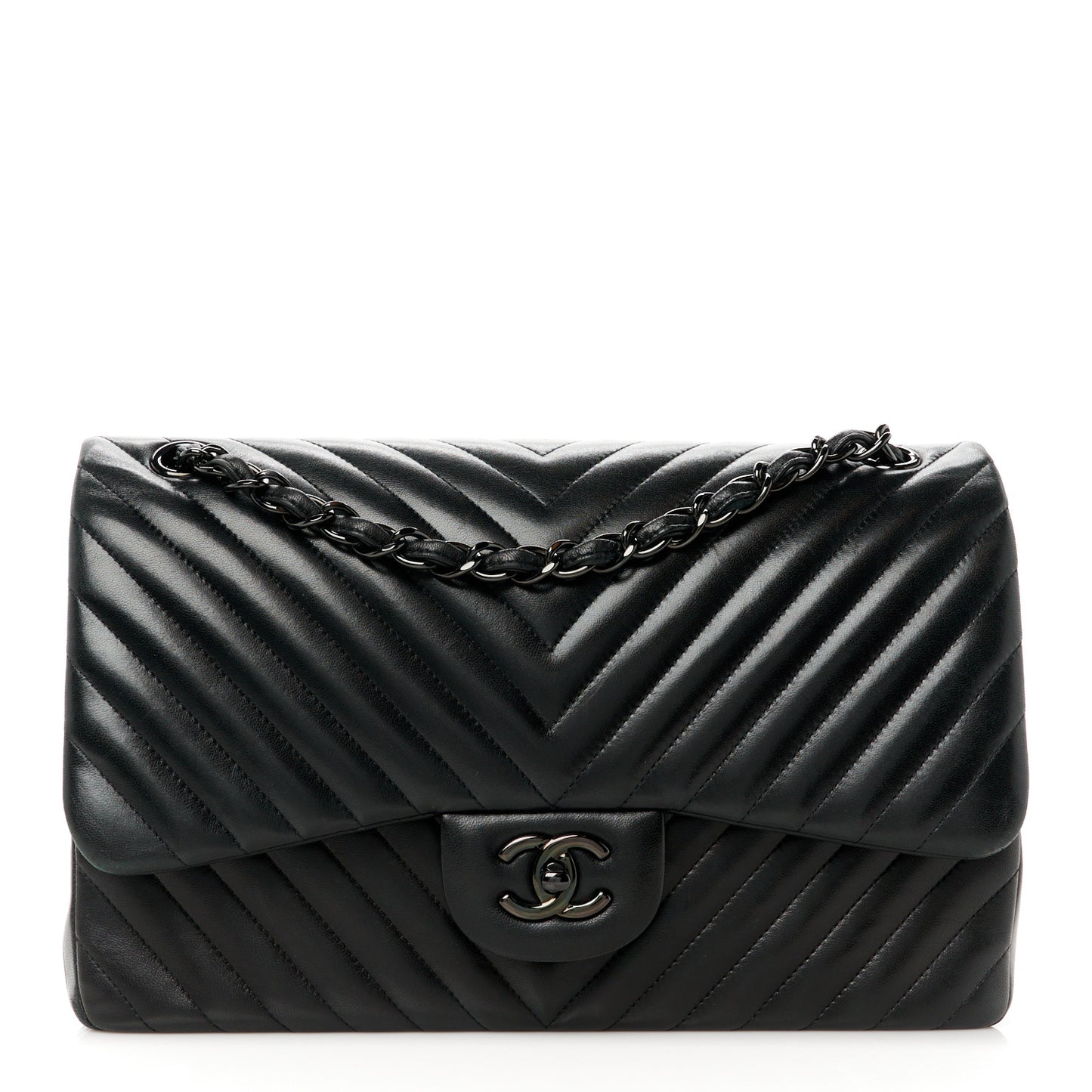 Lambskin Chevron Quilted Jumbo Double Flap So Black