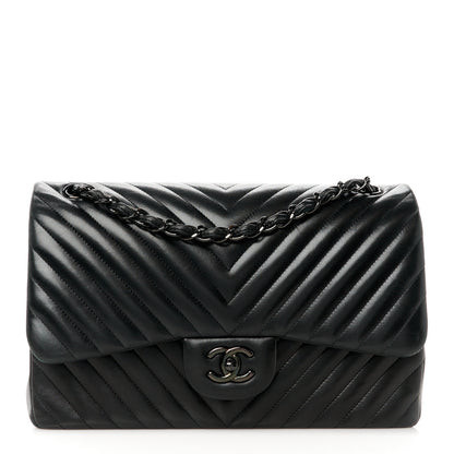 Chanel Lambskin Chevron Quilted Jumbo Double Flap So Black 1 of 11