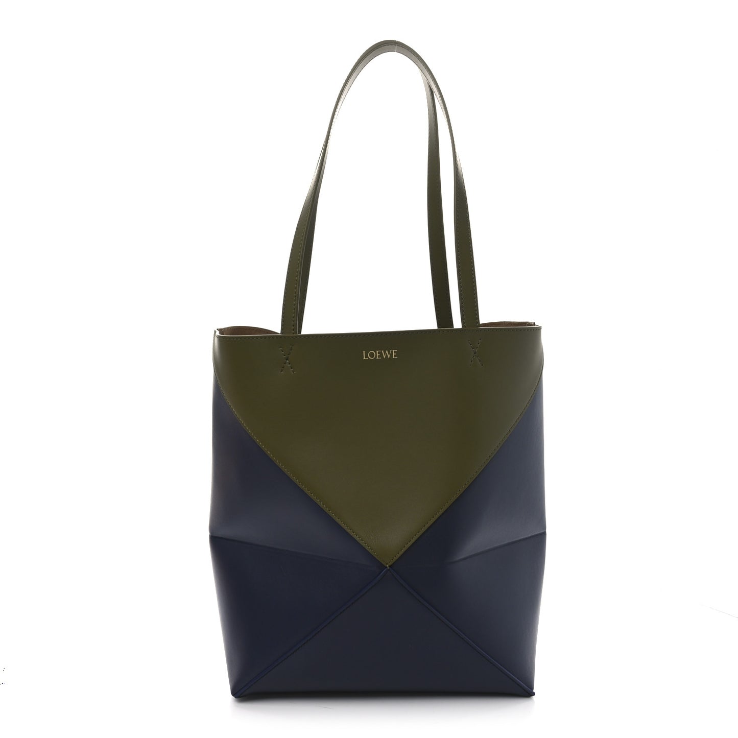 Shiny Calfskin Medium Puzzle Fold Tote Olive Abyss Blue