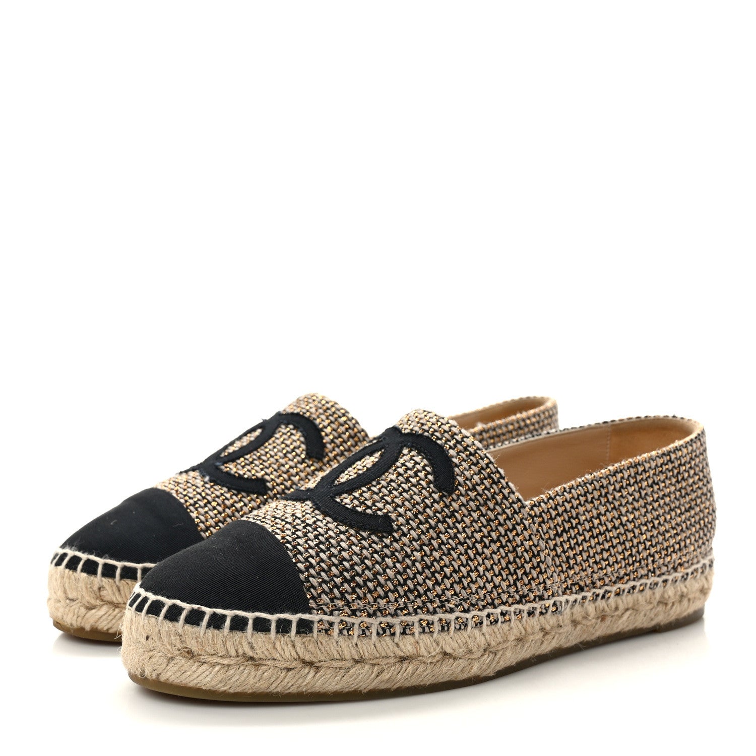Chanel Metallic Tweed Grosgrain CC Espadrilles 38 Black Gold 4 of 10