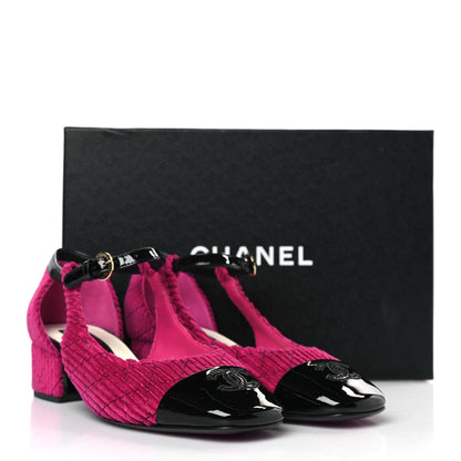 Chanel Corduroy Patent Calfskin Cap Toe Quilted Mary Jane Flats 37 Fuchsia Black 9 of 9