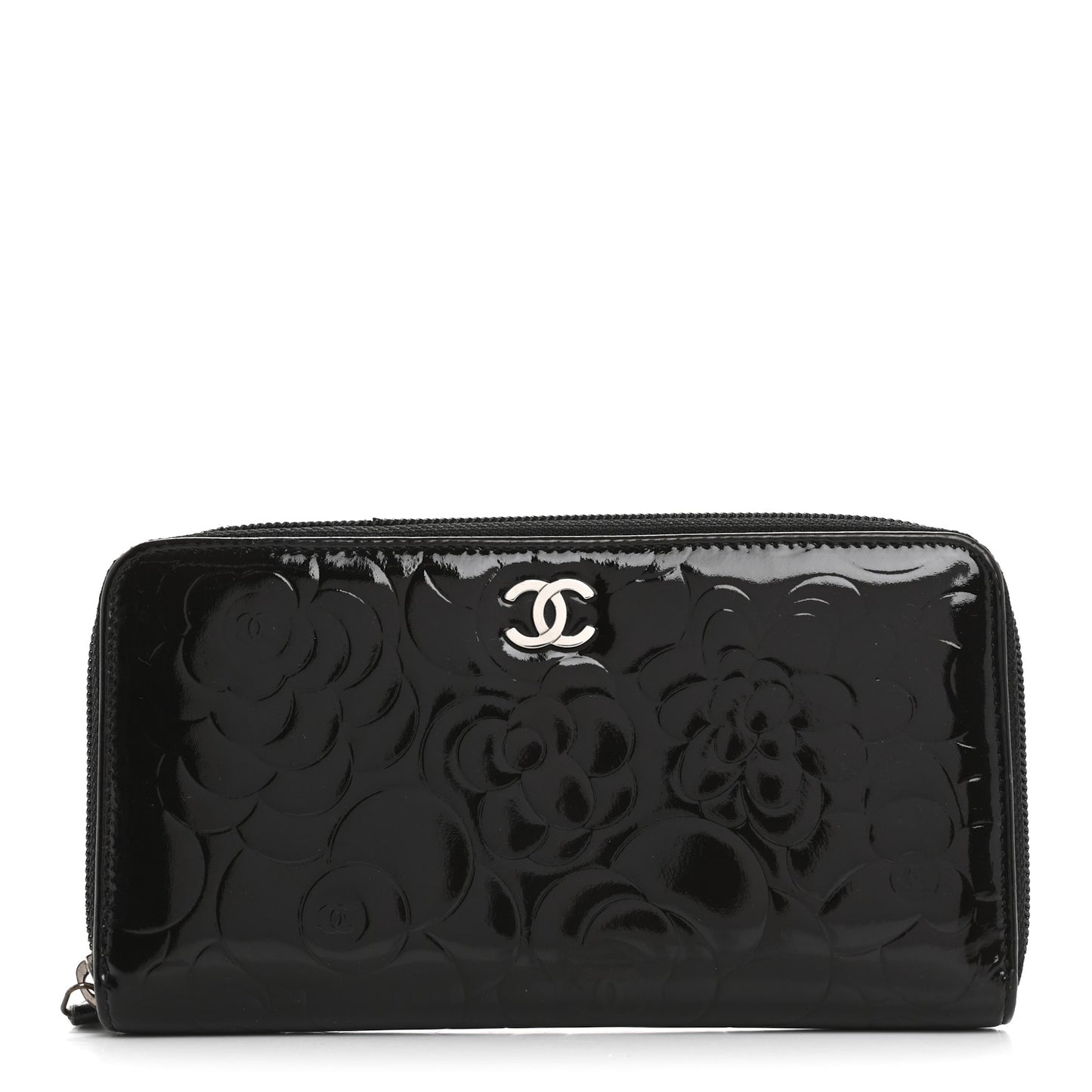 Patent Camellia Embossed Large Zip Around Gusset Wallet Black