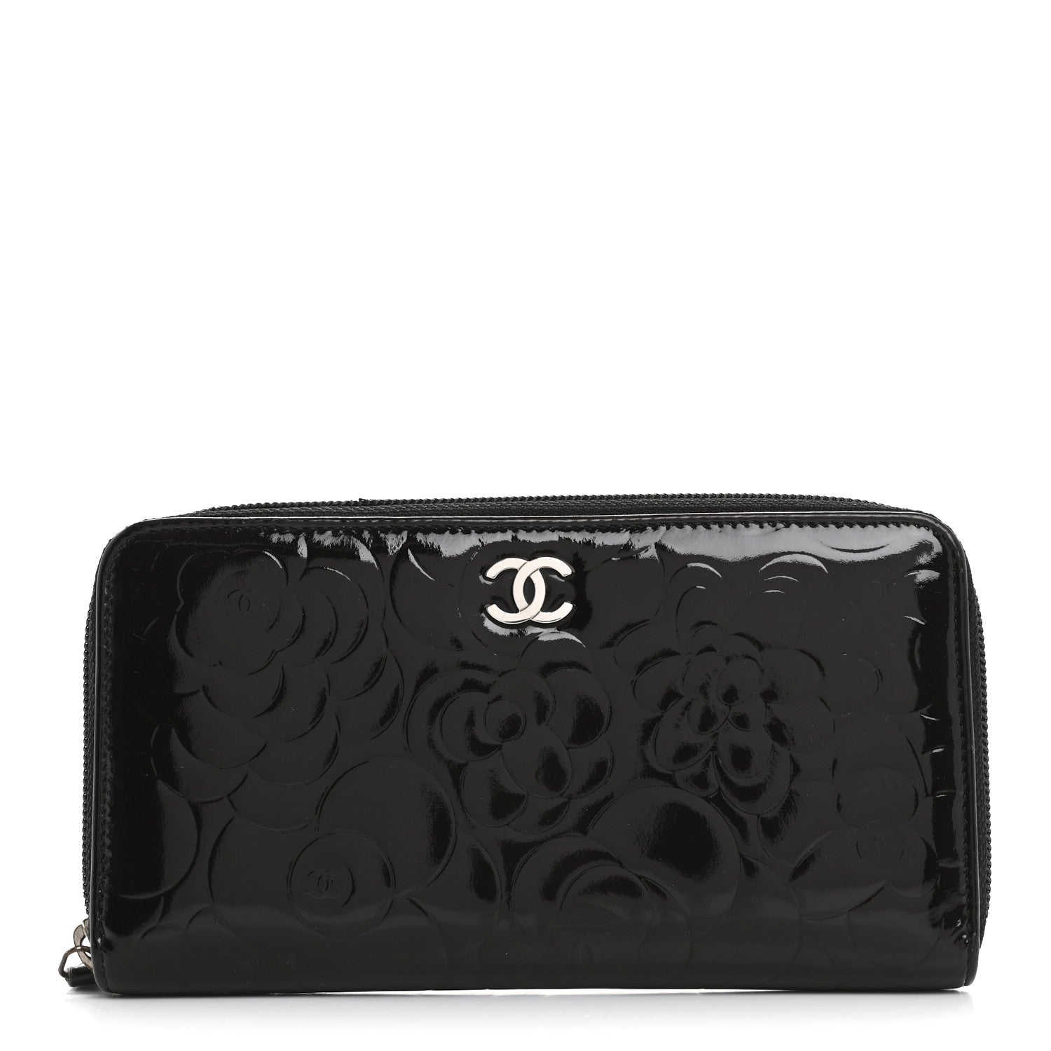 Chanel Patent Camellia Embossed Large Zip Around Gusset Wallet Black 1 of 14