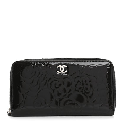 Chanel Patent Camellia Embossed Large Zip Around Gusset Wallet Black 1 of 14