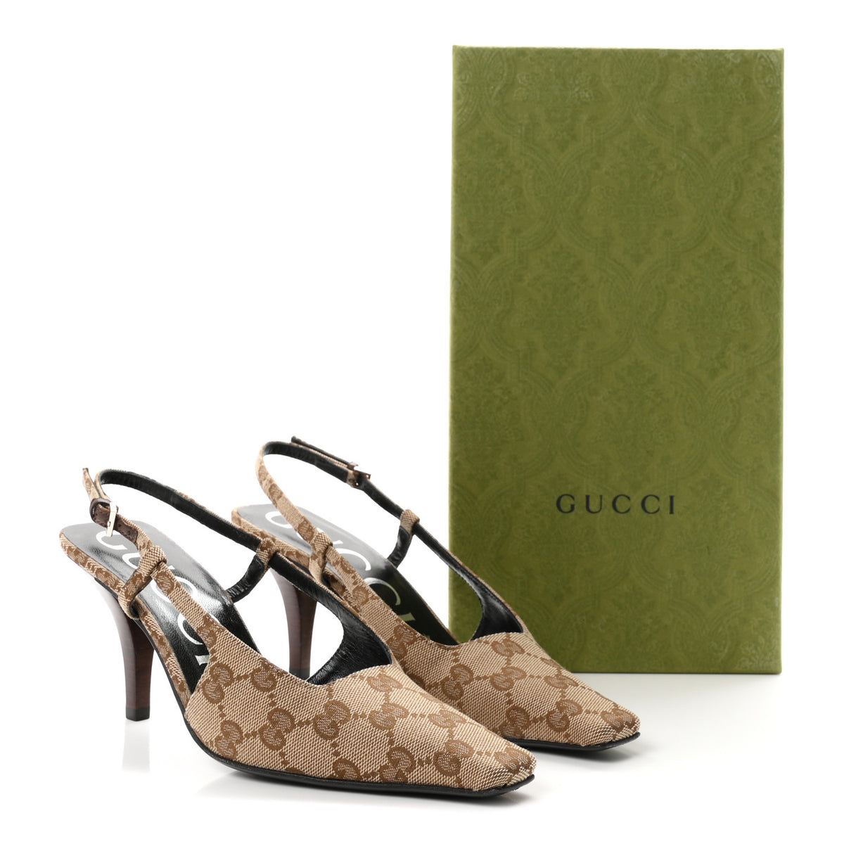 Gucci Monogram Malga Kid Square G 75mm Slingback Pumps 36.5 Beige Ebony New Acero 9 of 9