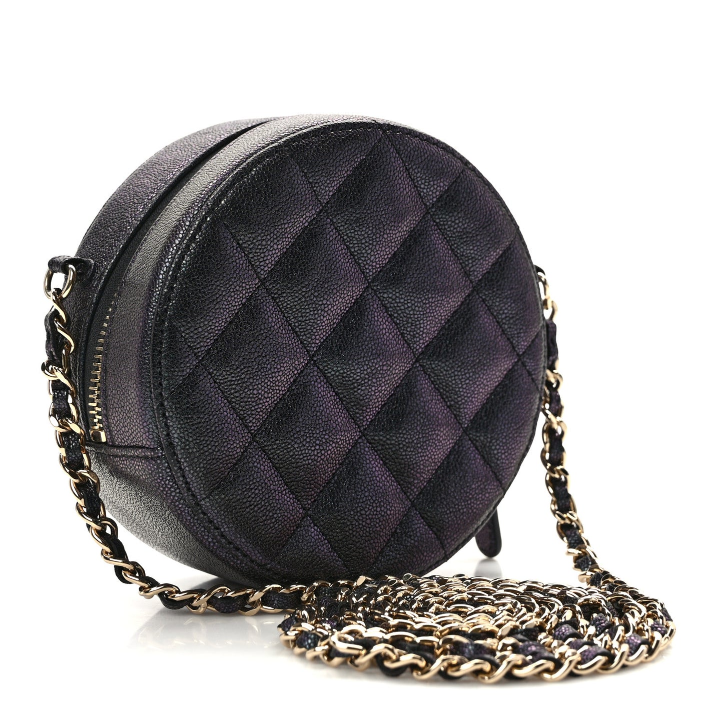 Iridescent Caviar Quilted Round Clutch With Chain Black