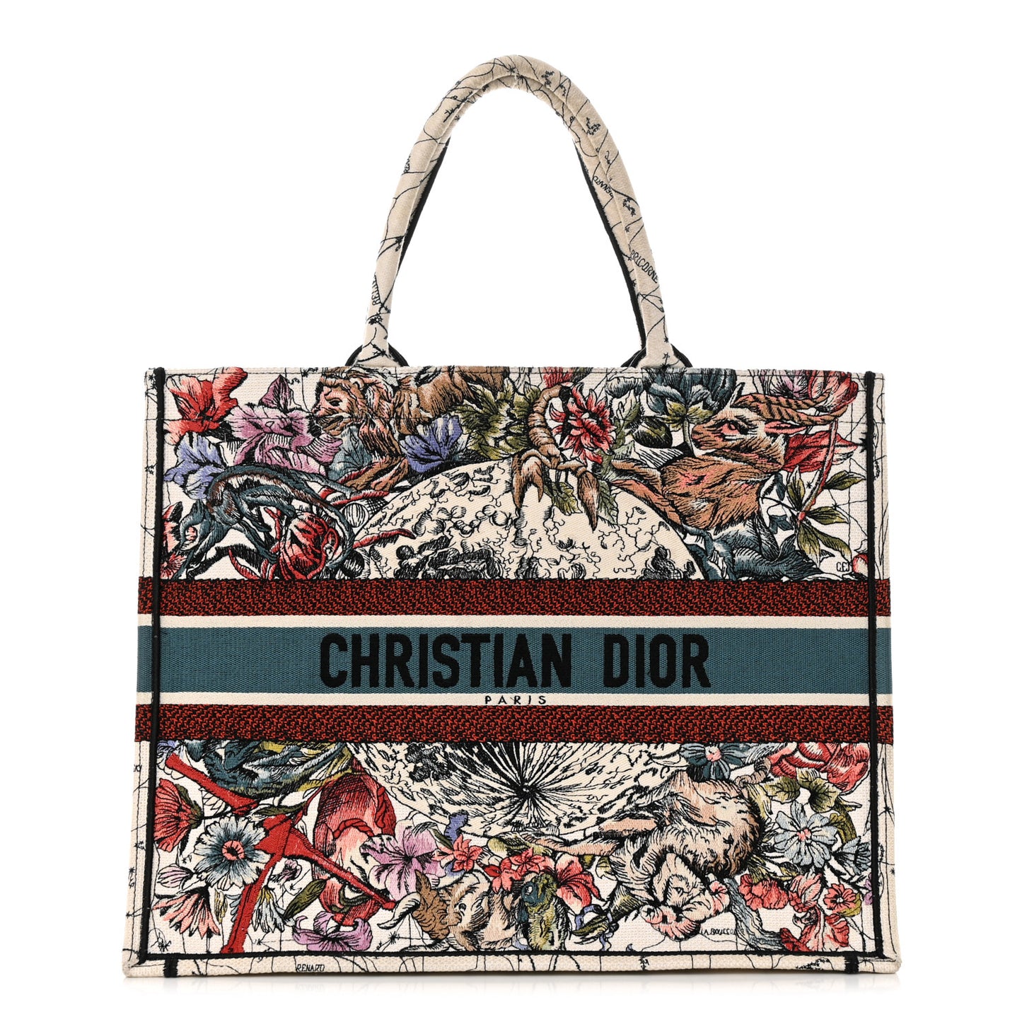 Canvas Embroidered Large Zodiac Book Tote Latte Multicolor