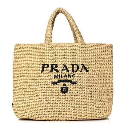 Prada Yarn Raffia Effect Crochet Embroidered Logo Tote Naturale 1 of 11