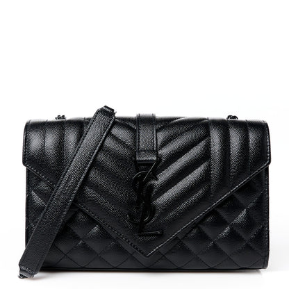 Saint Laurent Grain De Poudre Textured Mixed Matelasse Triquilt Small Monogram Monochrome Satchel Black 1 of 11