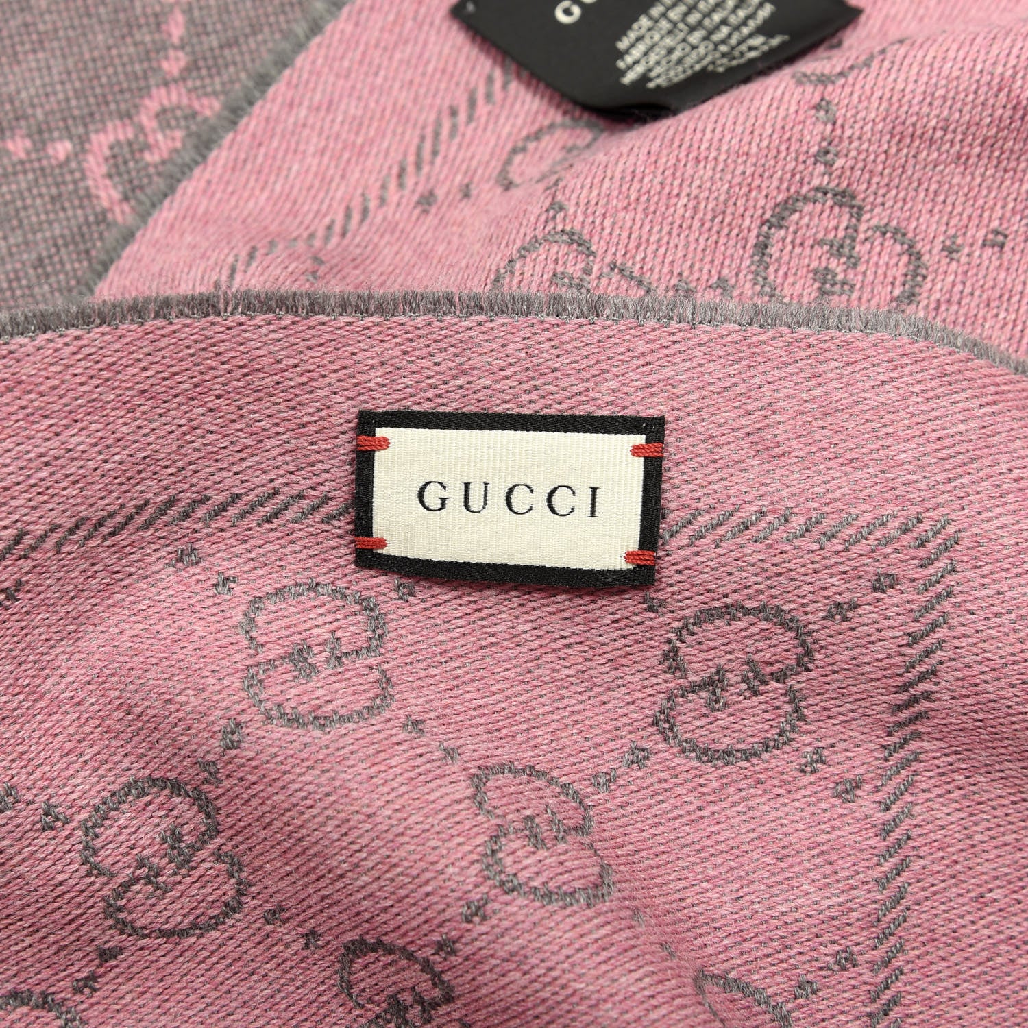 Gucci Wool Jacquard GG Monogram Sten Fringe Scarf Graphite Pink 3 of 4