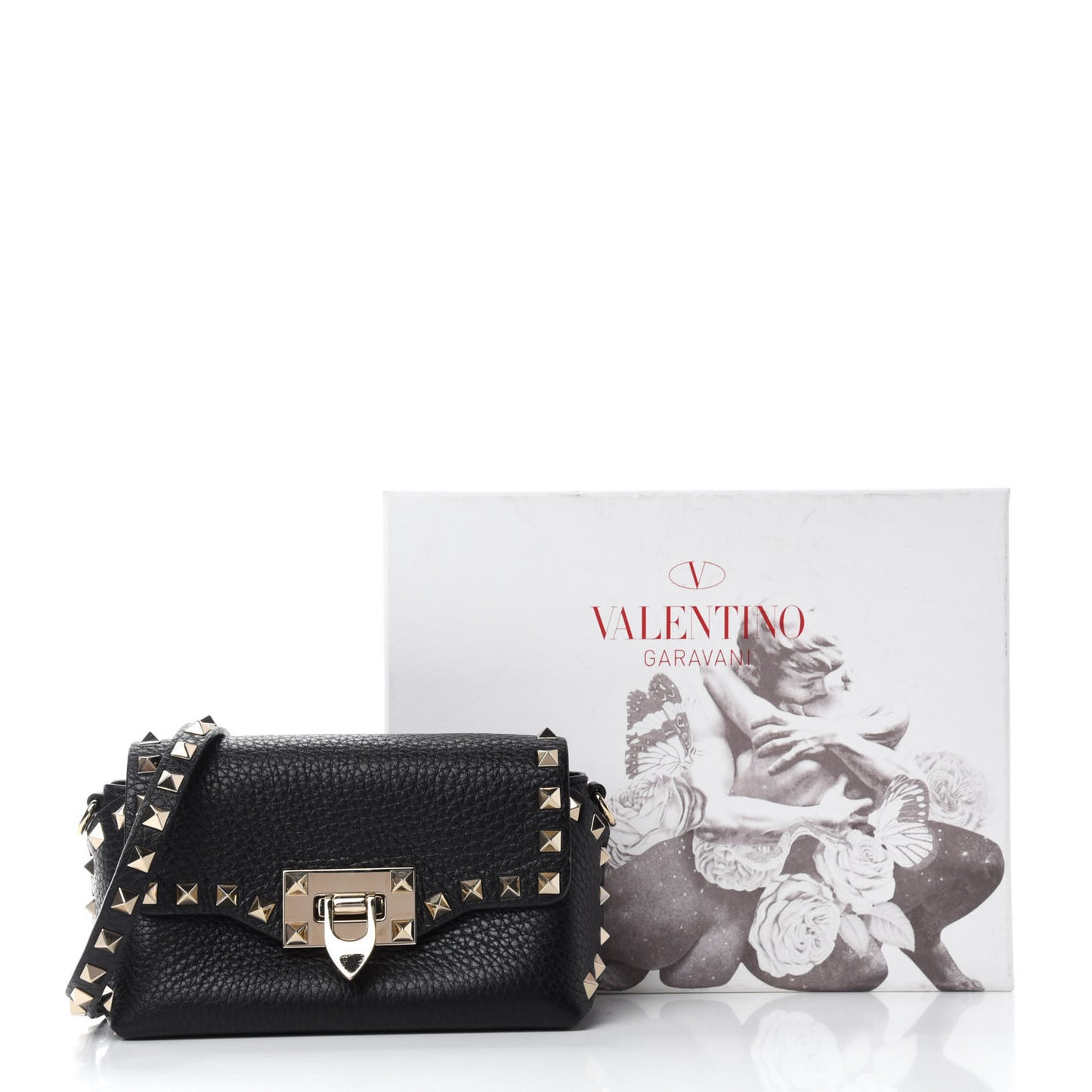 Pebbled Calfskin Mini Rockstud Crossbody Bag Black