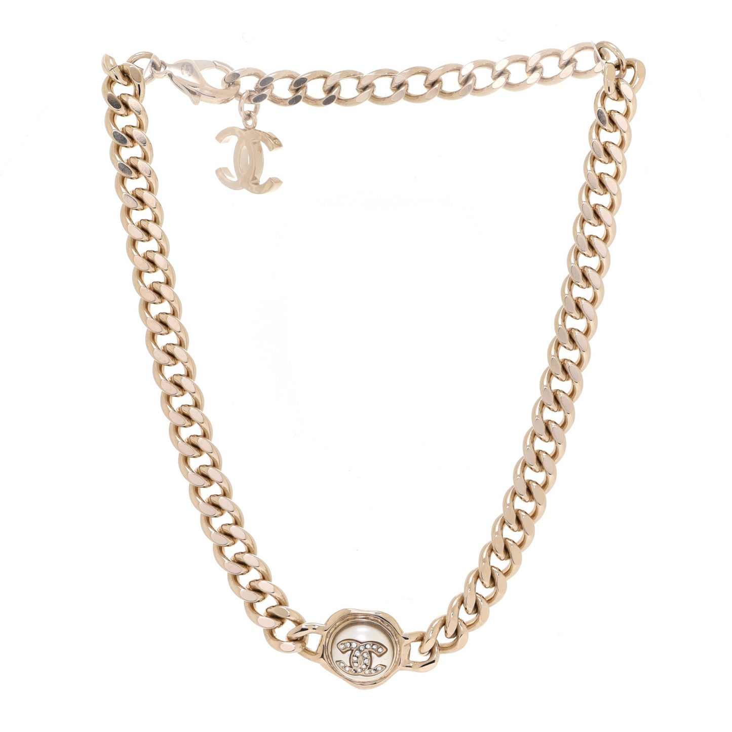 Pearl Crystal CC Chain Choker Necklace Gold