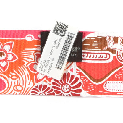 Hermes Silk Bingata Twilly Fuchsia Corail Brun 4 of 4