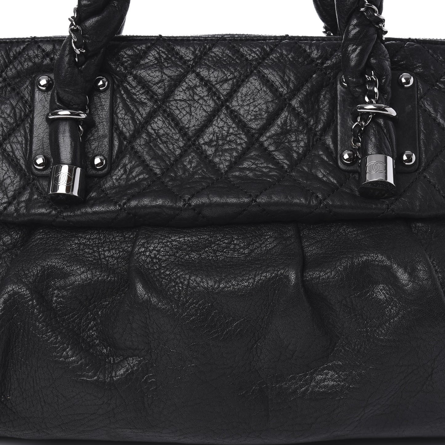 Distressed Lambskin Large Lady Braid Satchel Black