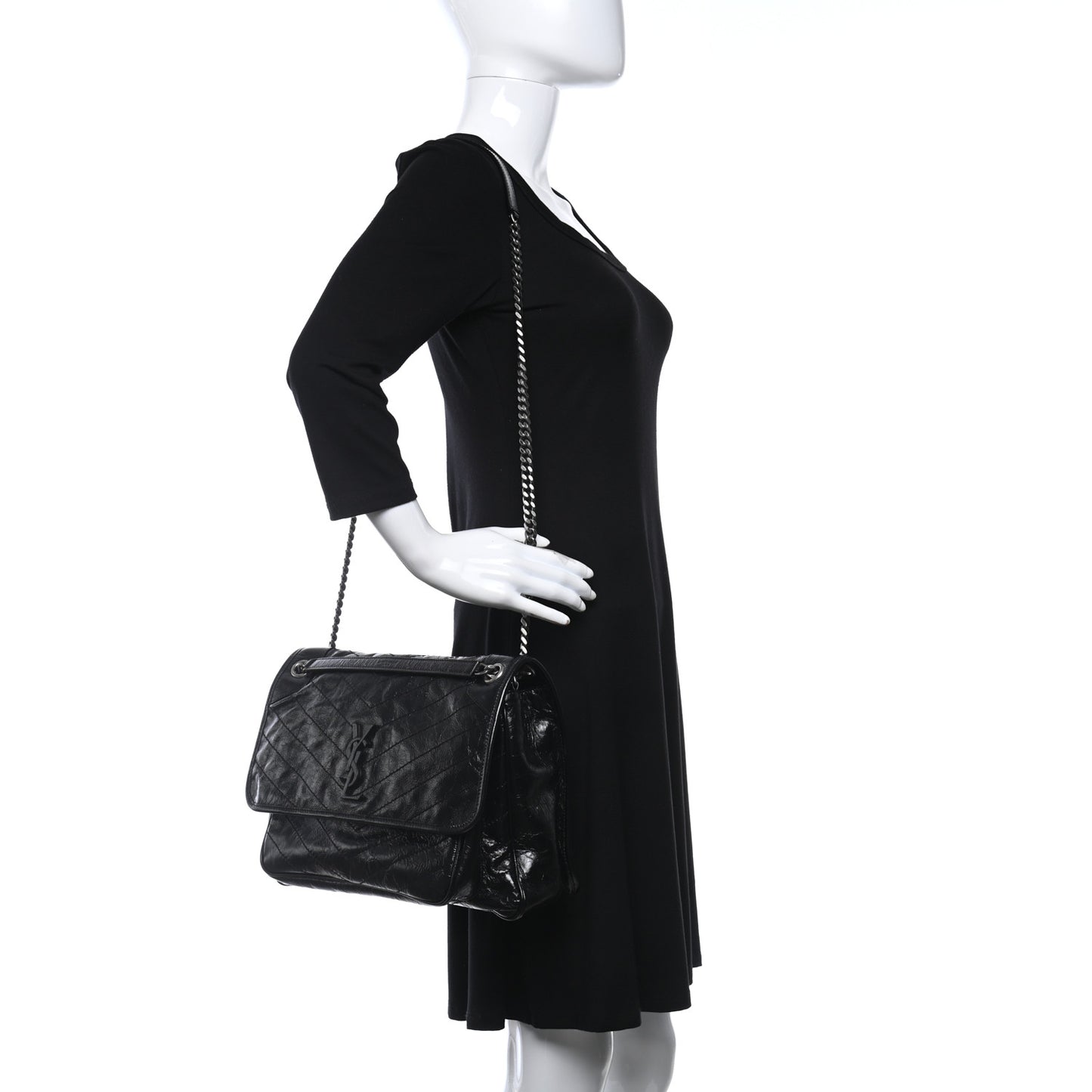 Crinkled Calfskin Matelasse Monogram Large Niki Chain Satchel Black