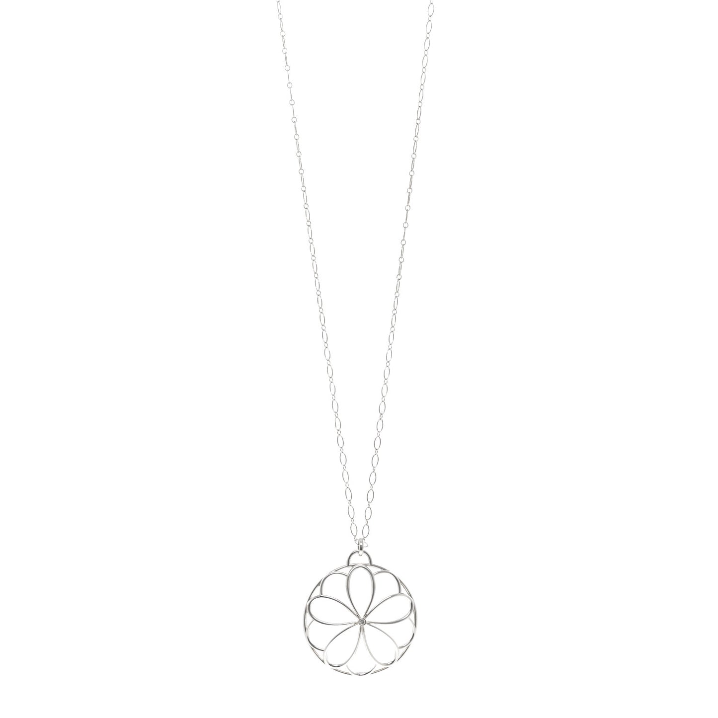 Sterling Silver Diamond Large Garden Flower Pendant Necklace