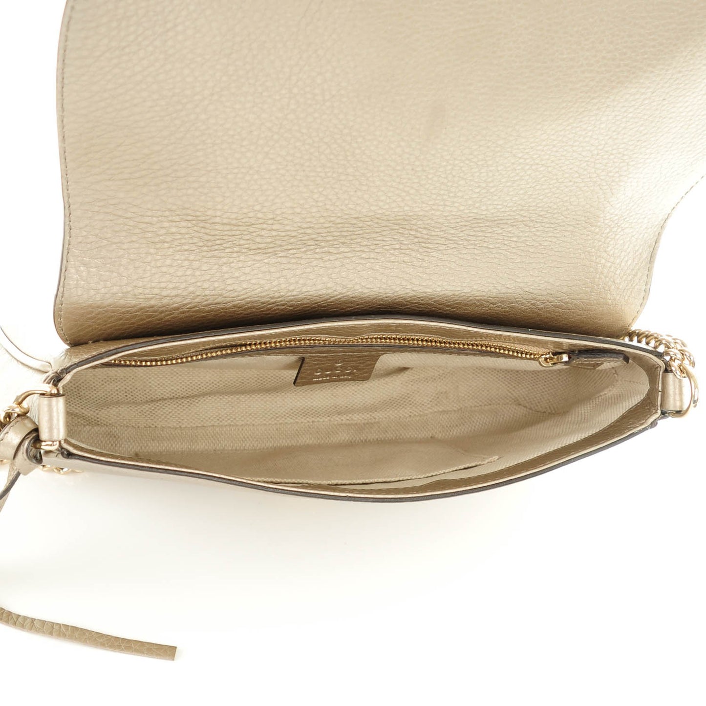 Metallic Pebbled Calfskin Medium Soho Flap Crossbody Golden Beige