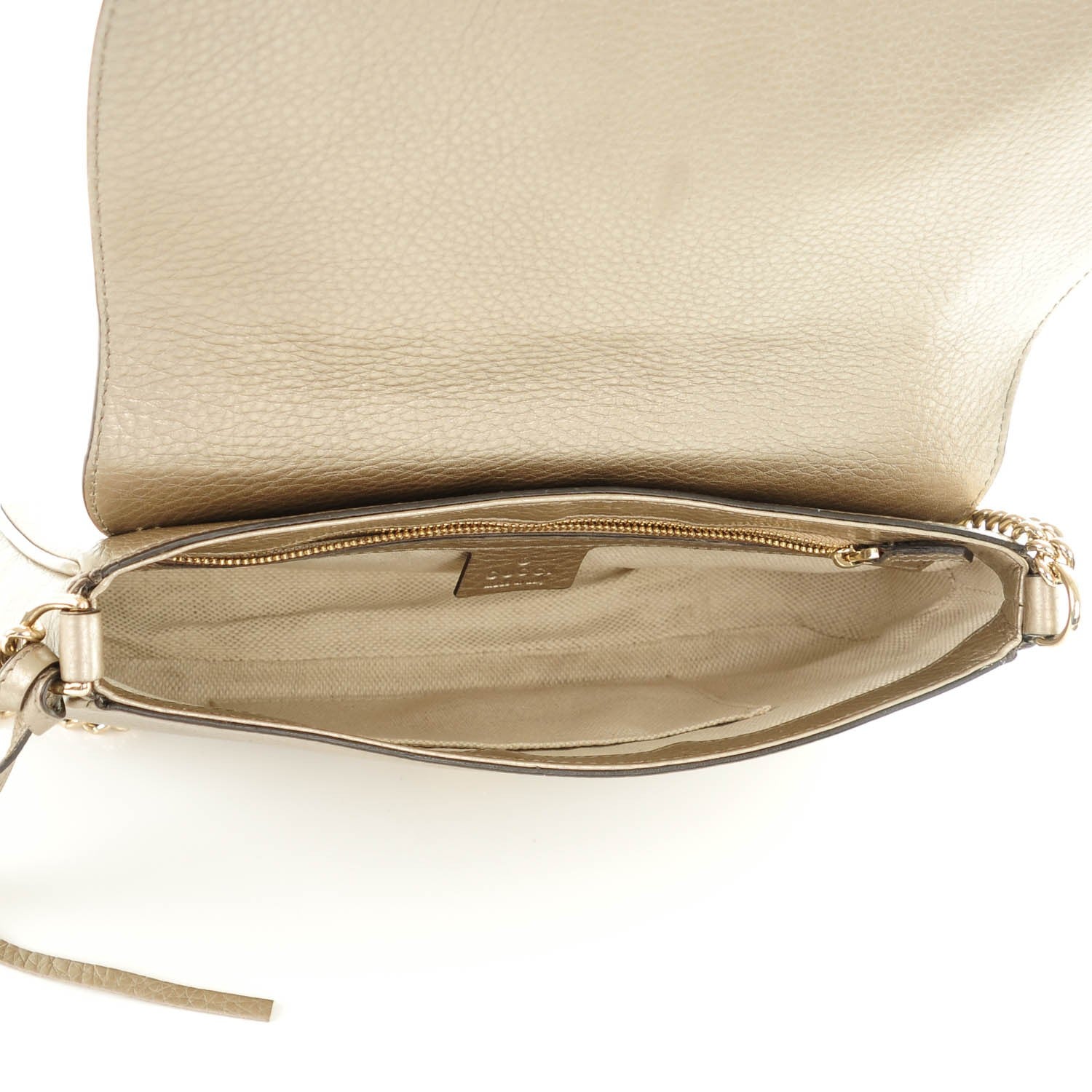 Gucci Metallic Pebbled Calfskin Medium Soho Flap Crossbody Golden Beige 5 of 7