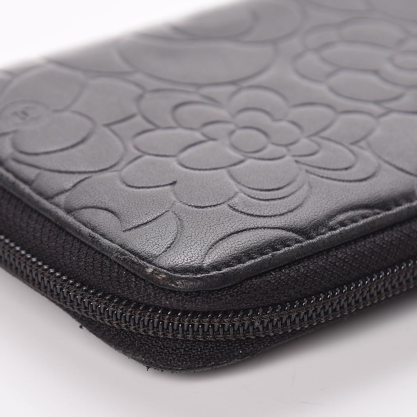Lambskin Camellia Embossed Large Zip Around Gusset Wallet Black