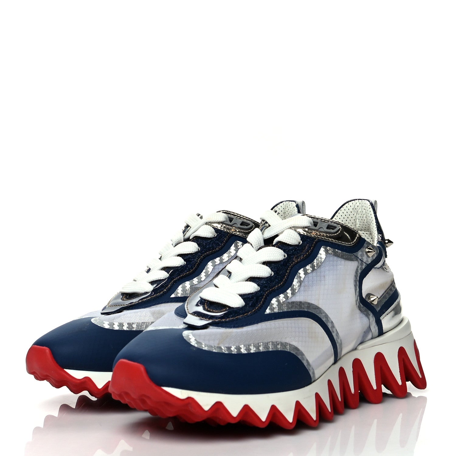 Christian Louboutin Patent Mesh Denim Rete Sharkina Flat Sneakers 38.5 Blue White 3 of 10