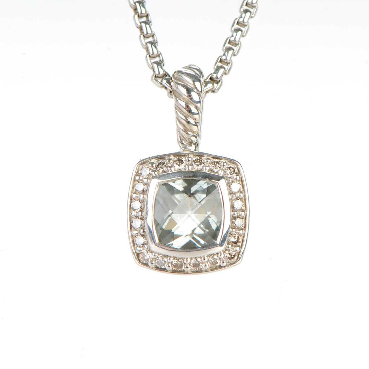 Sterling Silver Diamond Prasiolite 7mm Petite Albion Pendant Necklace