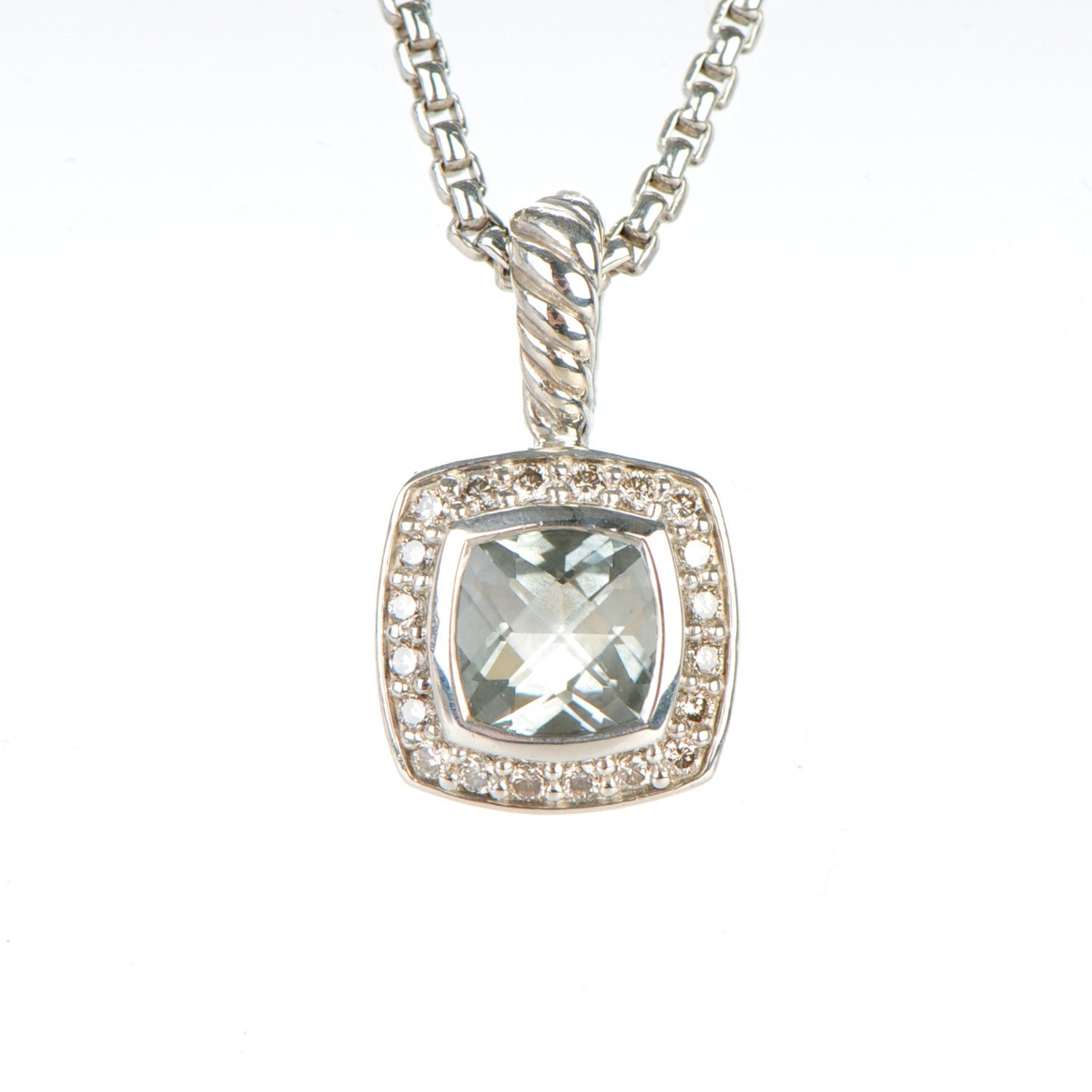 David Yurman Sterling Silver Diamond Prasiolite 7mm Petite Albion Pendant Necklace 3 of 6