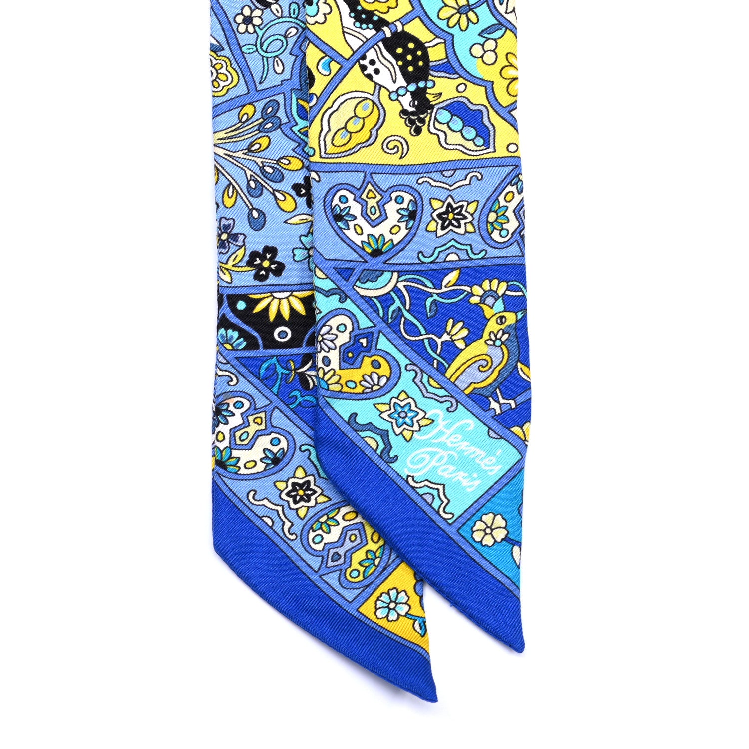 Hermes Silk Au Pays Des Oiseaux Fleurs Twilly Bleu Dur Jaune Vif Turquosie 4 of 8