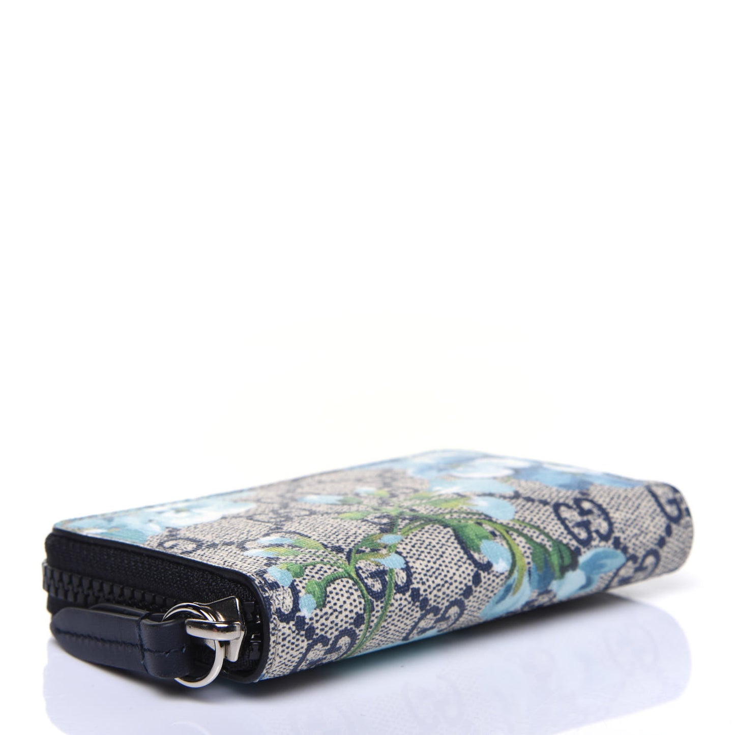 GG Supreme Monogram Blooms Zip Around Card Case Wallet Beige Blue Navy