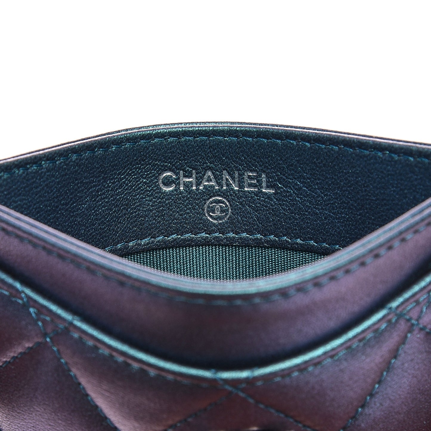 Metallic Lambskin Quilted Card Holder Turquoise
