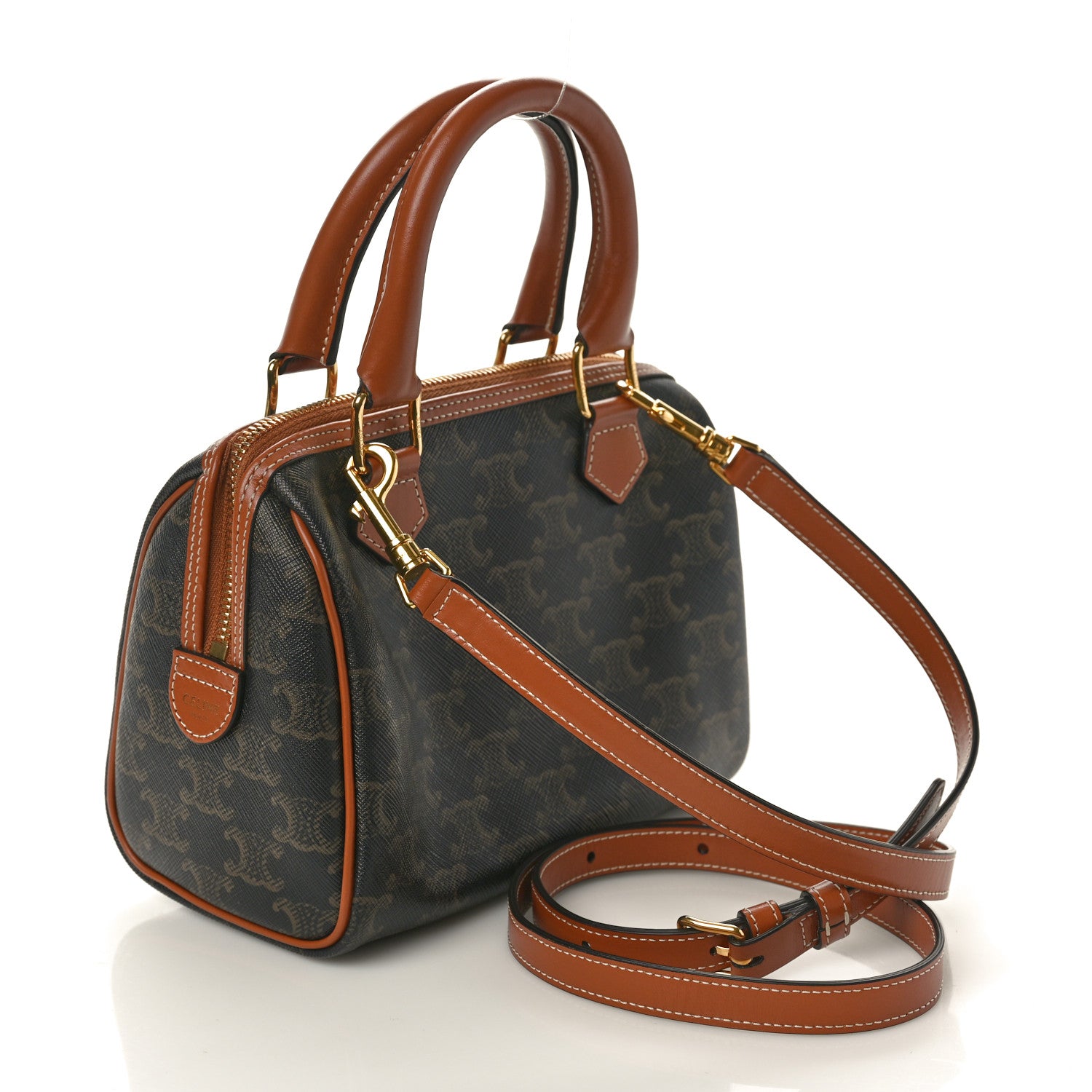 Celine Triomphe Canvas Calfskin Small Boston Bag Tan 3 of 9