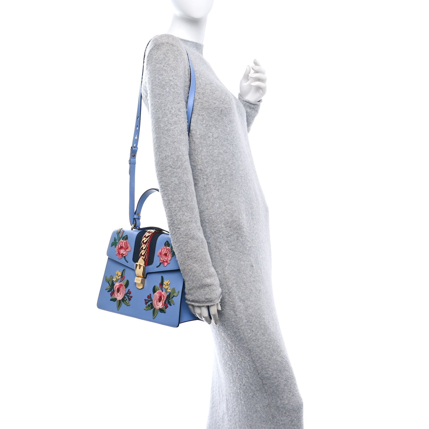Gucci Calfskin Embroidered Medium Sylvie Top Handle Bag Clear Sky Blue 2 of 11