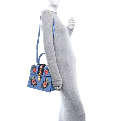 Gucci Calfskin Embroidered Medium Sylvie Top Handle Bag Clear Sky Blue 2 of 11