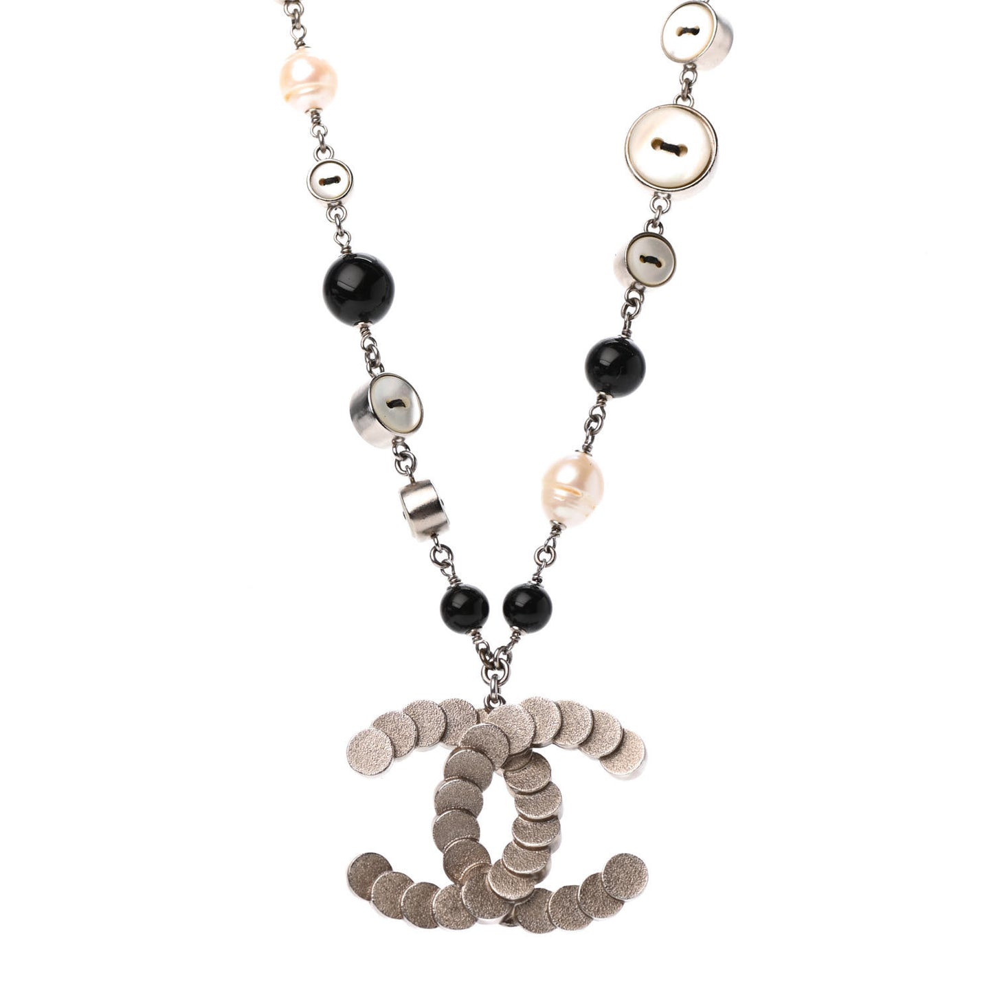 Pearl Button CC Long Necklace Black