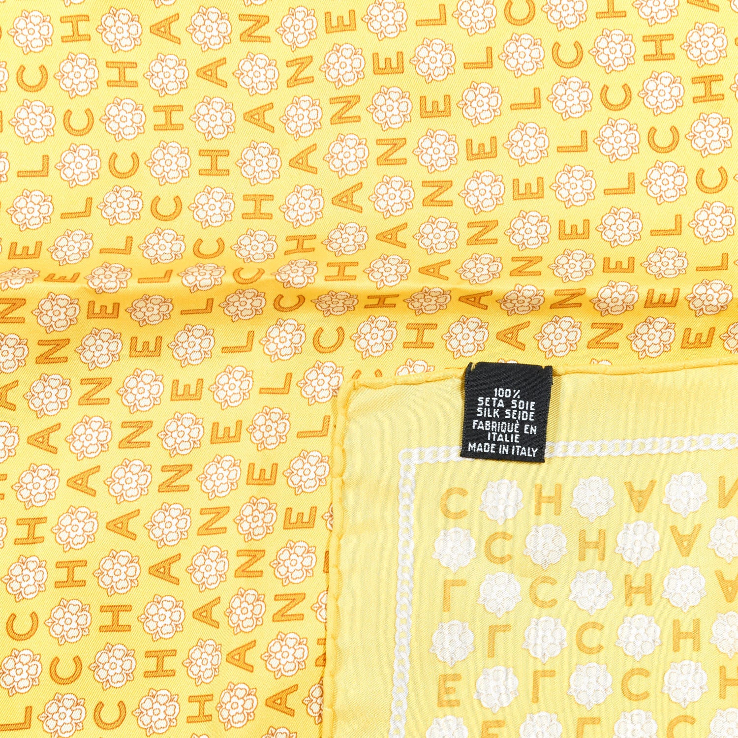 Chanel Silk Camellia Chain Pocket Square Scarf Yellow 3 of 3