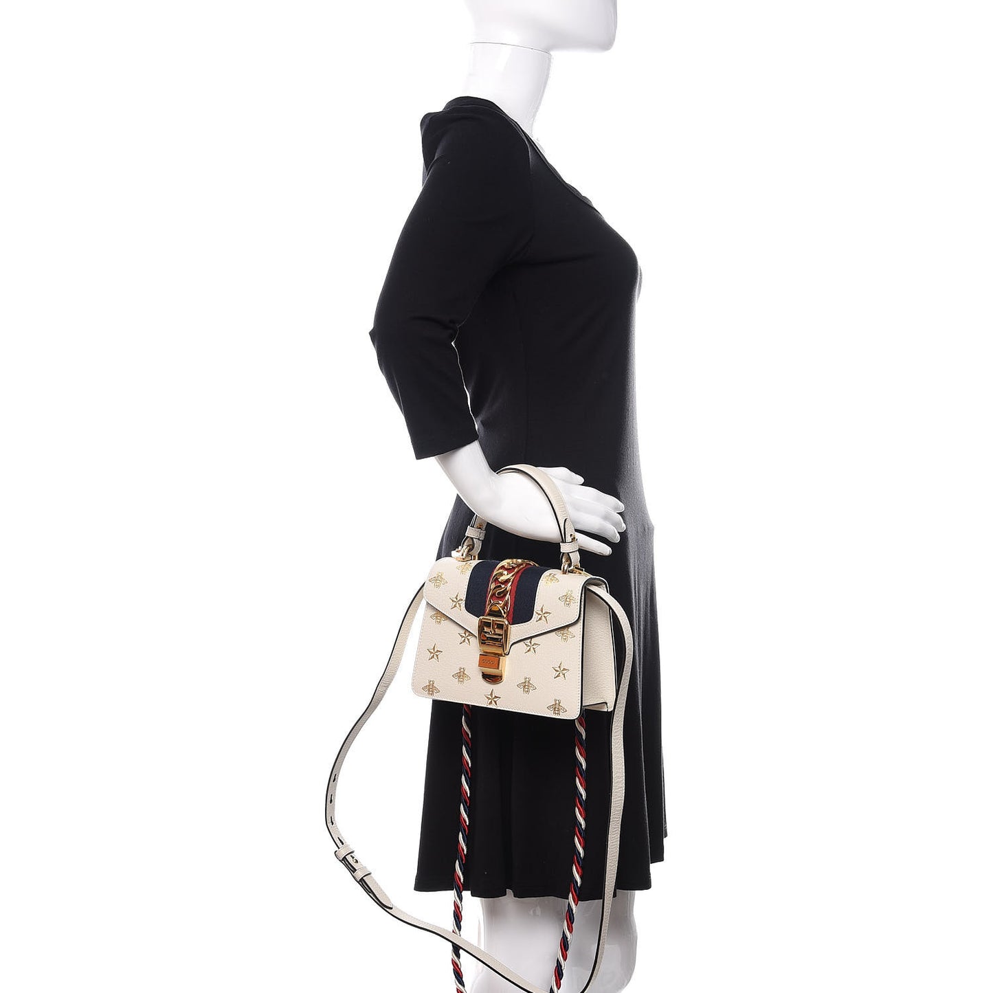 Textured Calfskin Bee Star Print Mini Sylvie Top Handle Bag Mystic White