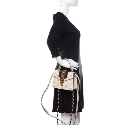 Gucci Textured Calfskin Bee Star Print Mini Sylvie Top Handle Bag Mystic White 3 of 11