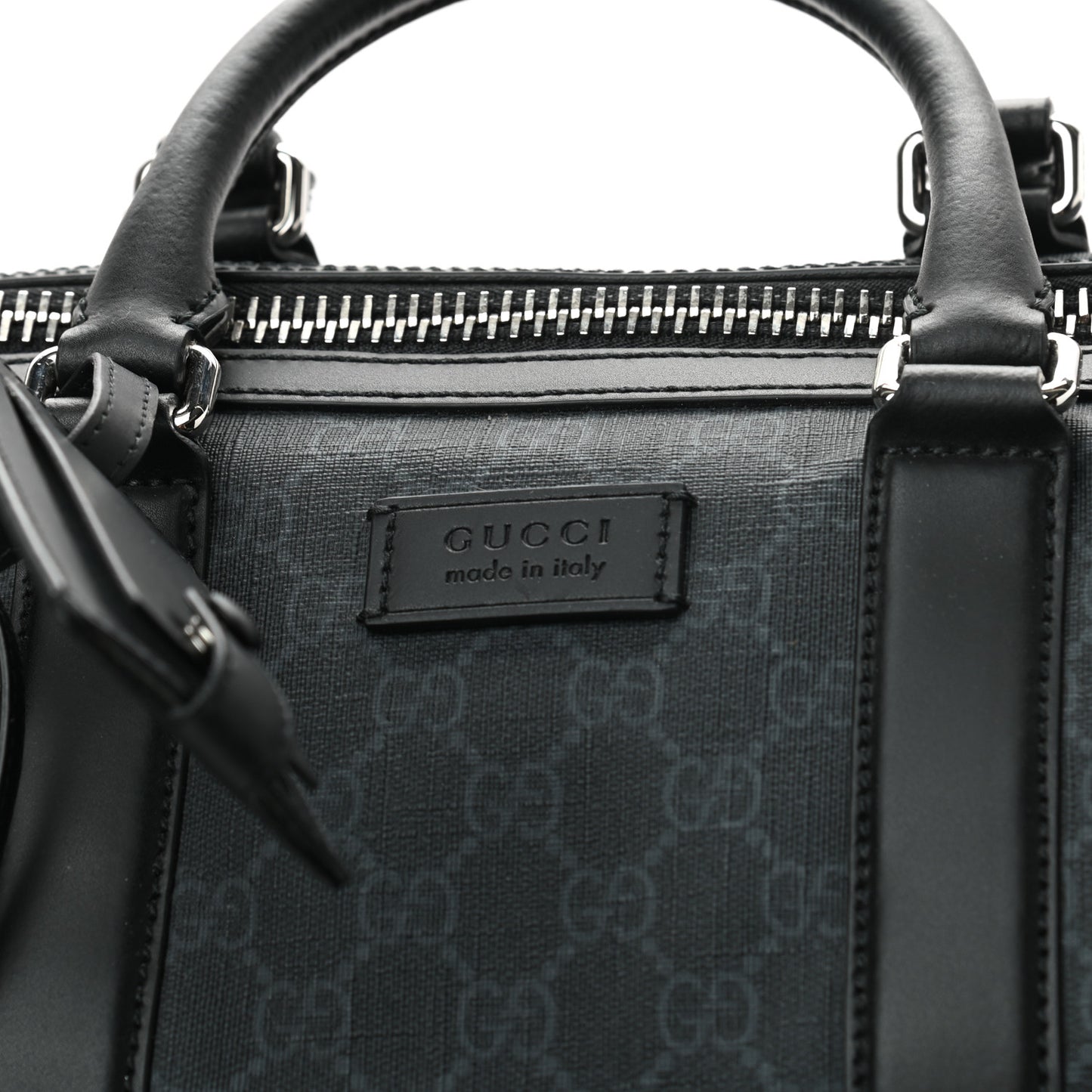 Soft GG Supreme Monogram Appia Calfskin Web Medium Carry On Duffle Bag Black Grey