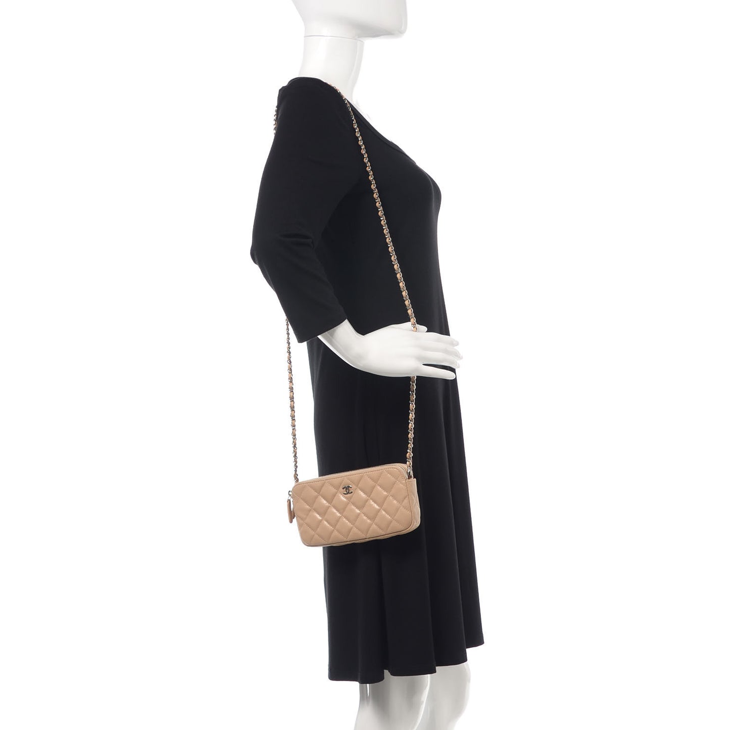 Caviar Quilted Small Clutch With Chain Beige