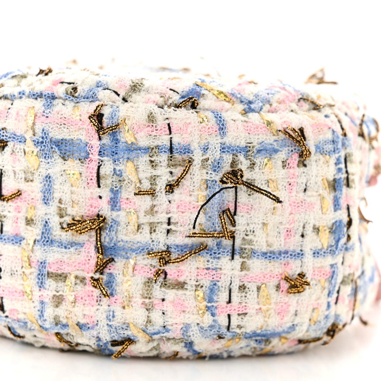 Tweed Quilted Round Clutch With Chain White Pink Multicolor