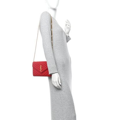 Saint Laurent Grain De Poudre Matelasse Chevron Monogram Chain Wallet New Red 2 of 12