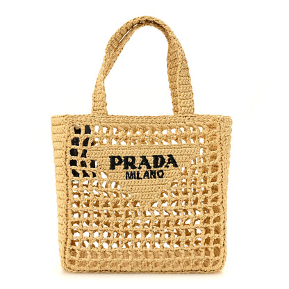 Prada Yarn Raffia Effect Crochet Logo Embroidered Small Tote Bag Naturale 1 of 9
