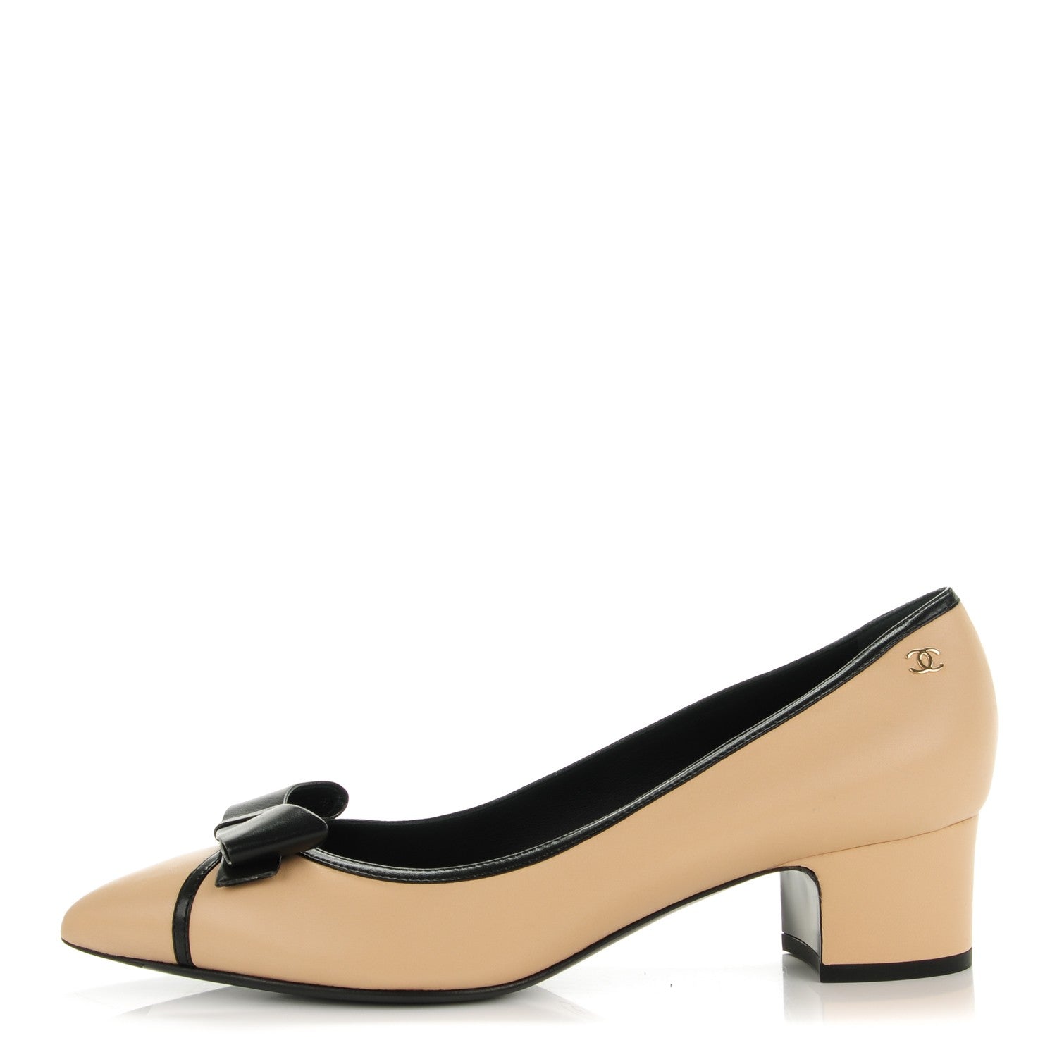 Chanel Lambskin Bow Pointed Toe Pumps 39.5 Beige Black 1 of 8